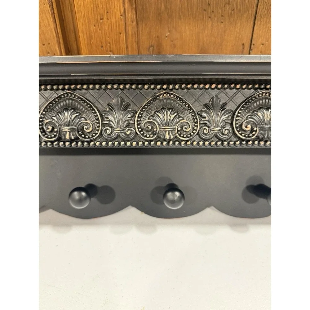 Wood Wall Shelf Black W/ Pegs (5) Plate Groove Distress Painted Finish 24